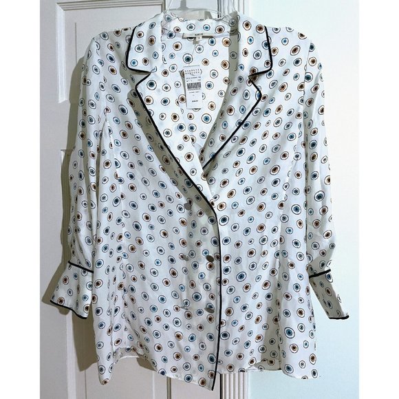 NWT RHIE Eyeballs Rainbow Eyes Silk Blouse Button Down Top White Shirt Piping 6 - Picture 1 of 15